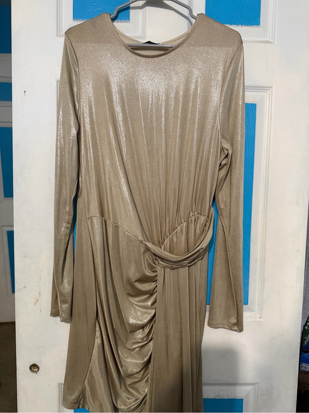 Fashion Nova Shimmery Taupe Long-Sleeve Draped Midi Dress